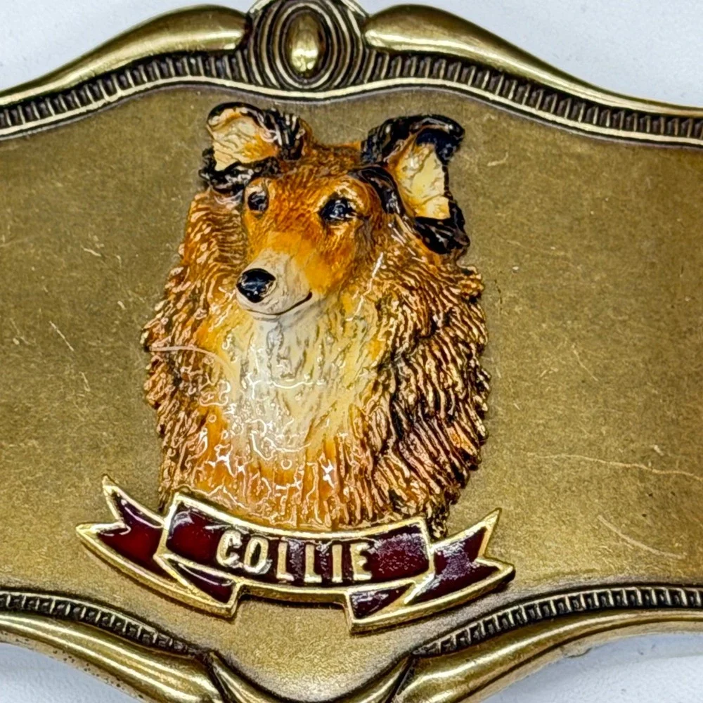 Vtg 1978 AHM Collie Dog Brass Belt Buckle‎ Enamel 3D Relief Animal Collectible